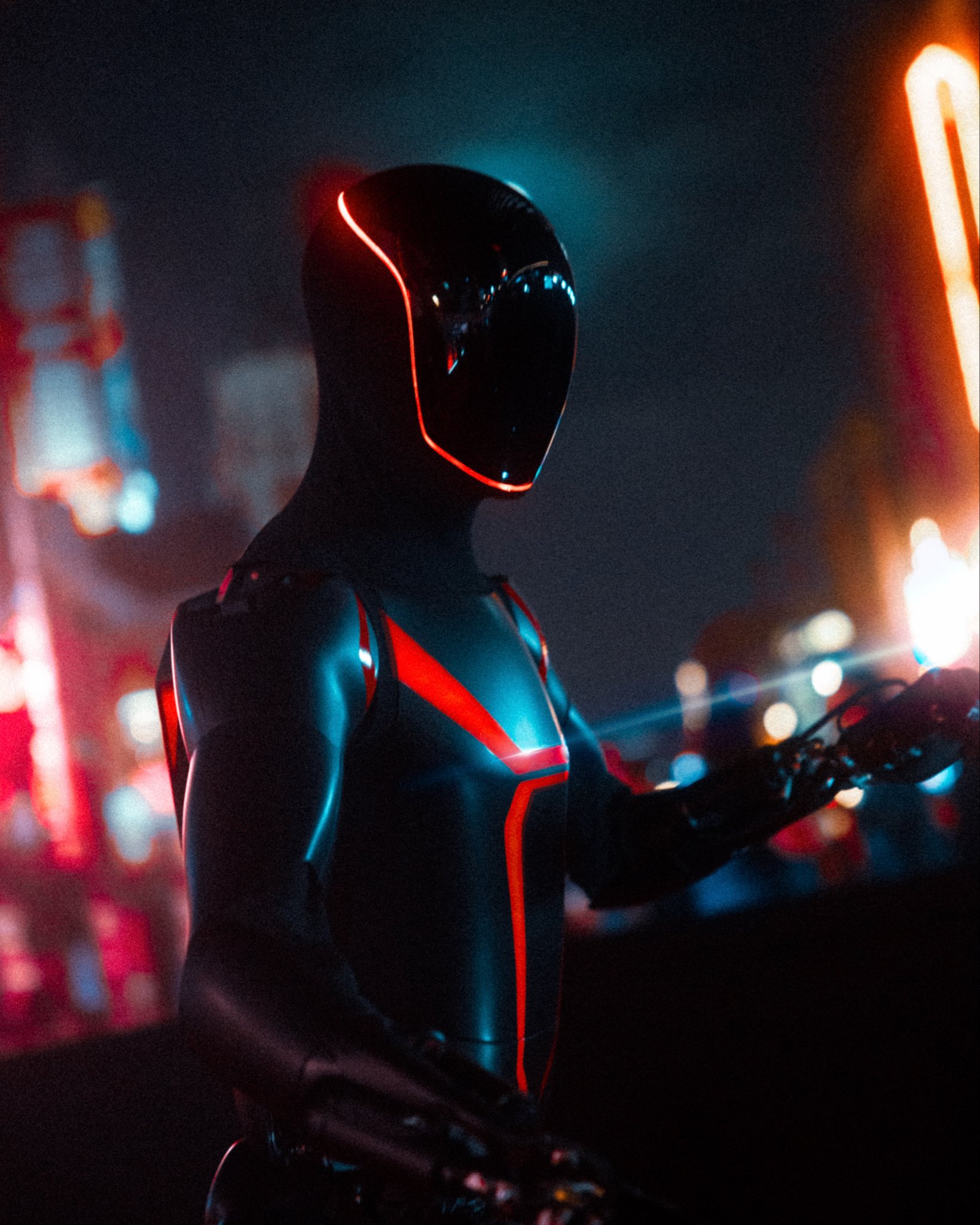 Tesla Optimus robot with red LED accents